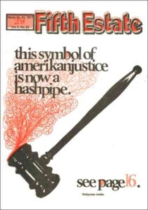 Cover image, issue 127, March 18-31, 1971. Drawing shows a judge's gavel that has been adapted for smoking, "see page 16"